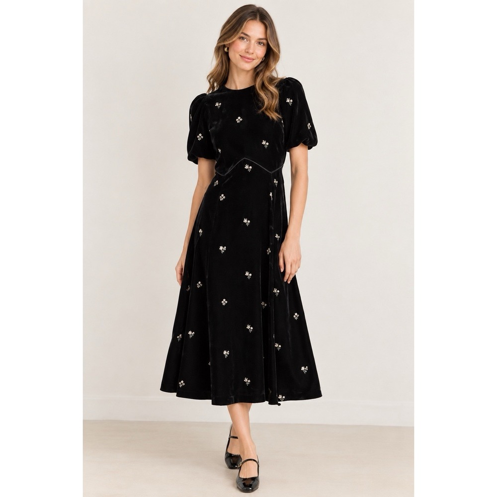 Sea New York Black Velvet Rubina Puff Sleeve Midi Dress with Floral Embroidery 8